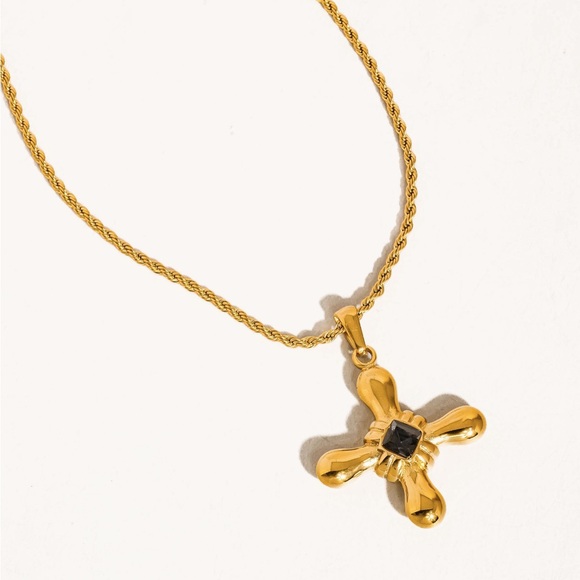 Jewelry - 18k Plated Gold Non-Tarnish Stone Cross Necklace